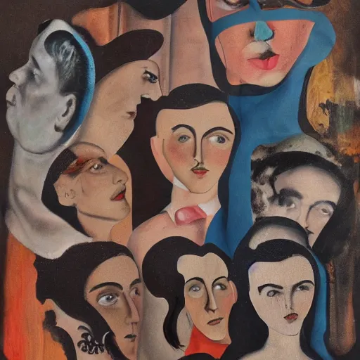 Prompt: A collage painting of multiple personalities in the style of Raoul Hausmann