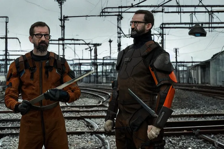 Image similar to vfx movie closeup real life gordon freeman holding wearing futuristic armor, half life logo on chest, crowbar in russian train yard by emmanuel lubezki