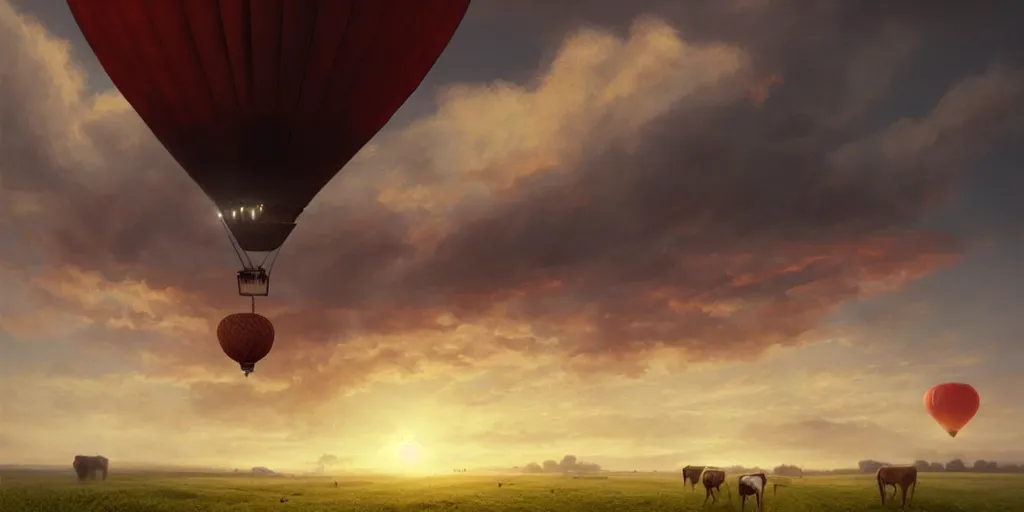 Image similar to a red hot air balloon flies above a field of cattle on a beautiful summer morning, English countryside, fields, cows, matte painting by Greg rutkowski, early morning light, trending on artstation, cinematic lighting, deviantart,