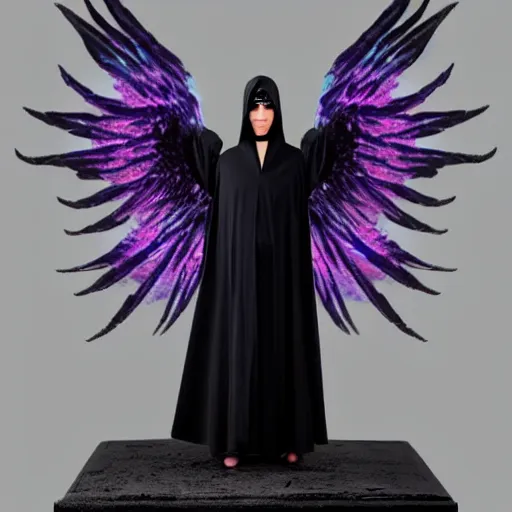 Image similar to character portrait of a modest robed dark raven angel with iridescent black raven wings
