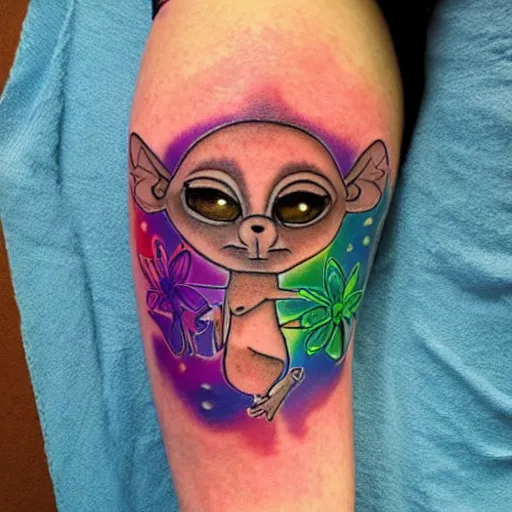 Prompt: shoulder tattoo of a meditating cute realistic bush baby, eyes are sparkeling rainbow spirals, glowing multicolored chakra symbols, surrounded with colorful lotus flowers, insanely integrate