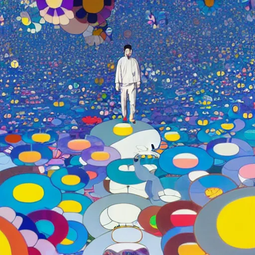 Image similar to a man walking on clouds away from the camera above kyoto by takashi murakami, beeple and james jean, aya takano color style, 4 k, super detailed, modern, 4 k, symmetrical