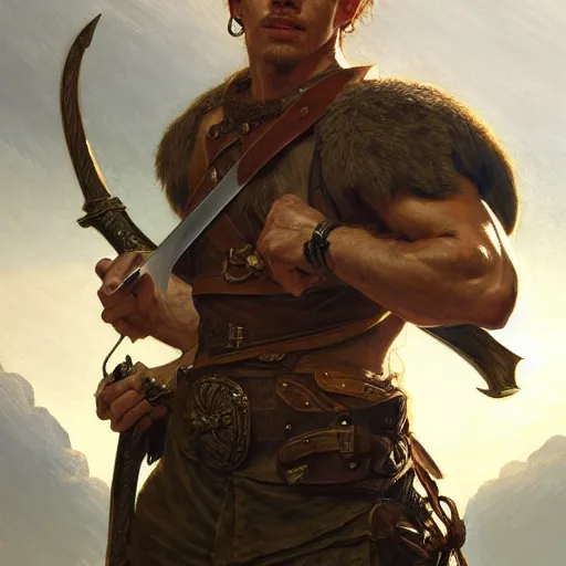 Image similar to portrait of a young rugged ranger gripping his longsword, muscular, upper body, D&D, fantasy, intricate, cinematic lighting, highly detailed, digital painting, artstation, concept art, smooth, sharp focus, illustration, art by Artgerm and Greg Rutkowski and Alphonse Mucha