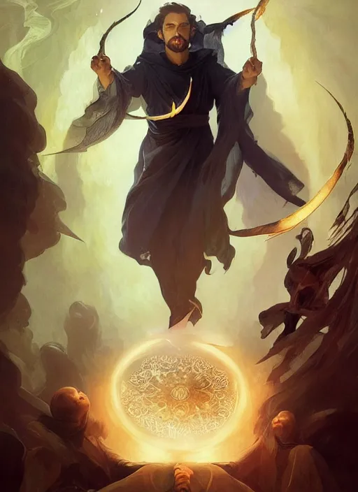 Prompt: character concept portrait of an attractive young Spanish wizard conjuring a death spell, a floating iridescent spell book in the center, intricate, elegant, digital painting, concept art, smooth, sharp focus, illustration, from Metal Gear, by Ruan Jia and Mandy Jurgens and William-Adolphe Bouguereau, Artgerm