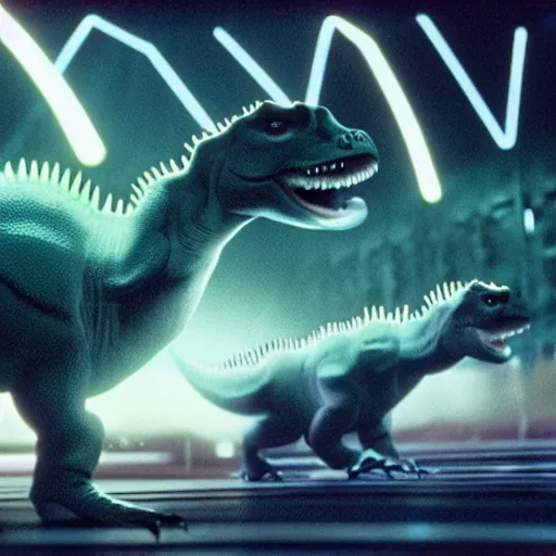 Prompt: baby dinosaurs in tron movie, cinestill