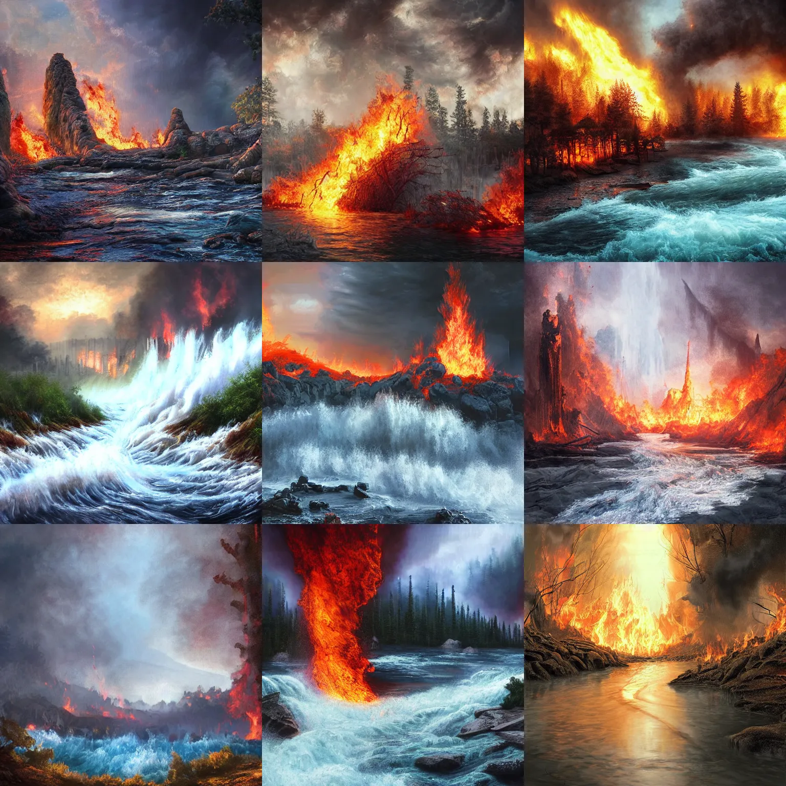 Prompt: big crumbling pillars over raging turbulent waters, conflagration in the background a lot of fire, hyper realistic, highly detailed, digital art, apocalyptic, intimidating lighting, raytracing, sharp focus, smooth, romanticism, by bob ross