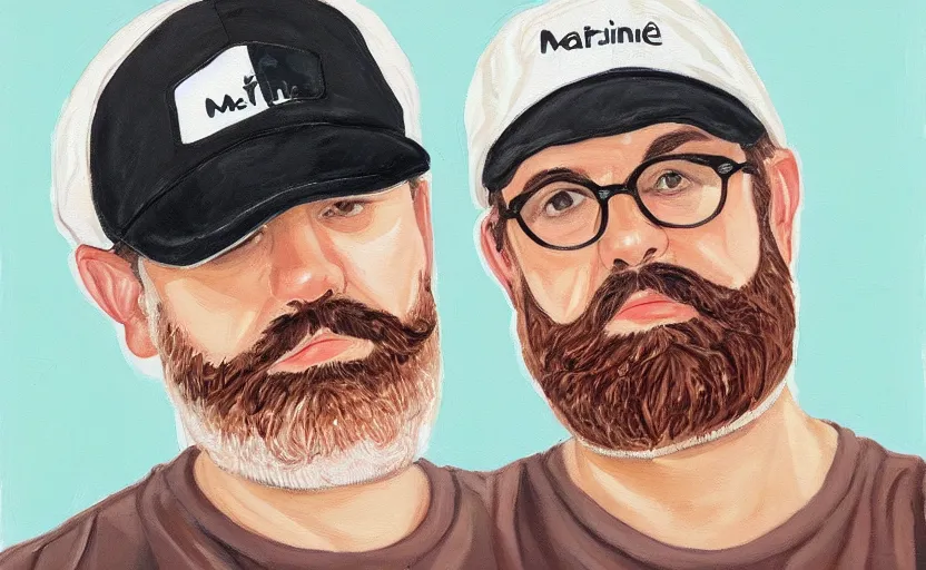 Prompt: painting of middle aged man with brown hair, white dad cap, beard in the style of martine johanna