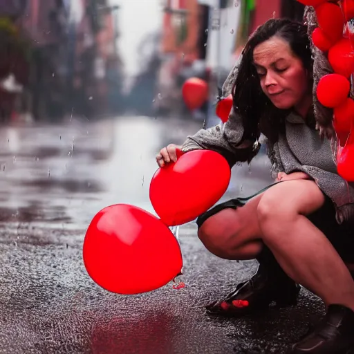 Image similar to A portrait of a lonely poor woman inflating and selling red balloons in a rainy weather at evening sunset