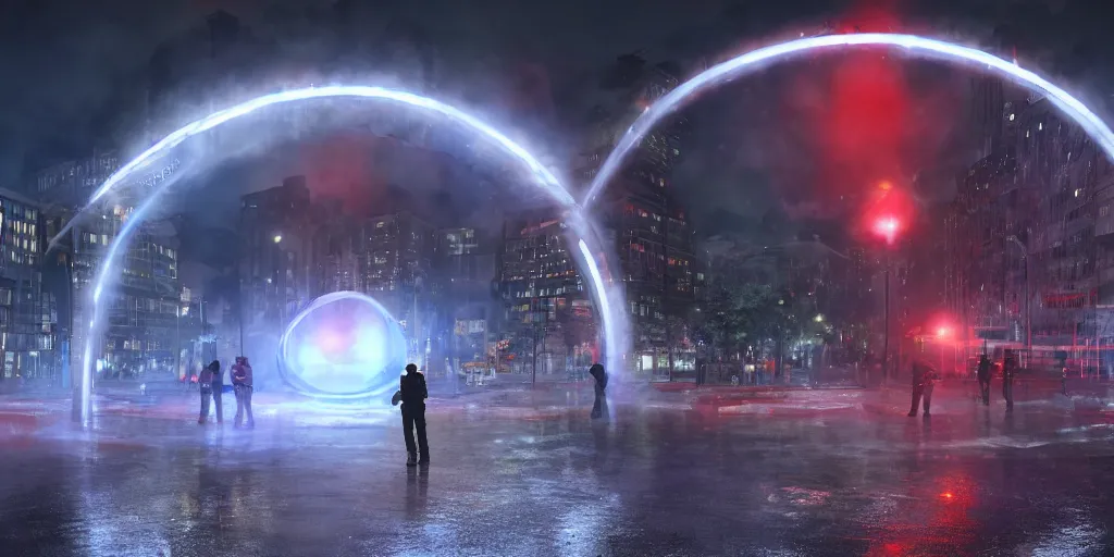 Prompt: policemen protecting a huge red spiral - shaped bright white luminous attractor right in the center of the city from protesting people,, rain and light fog, professional lighting, concept art in 3 d, high detail, professional lighting, unreal engine