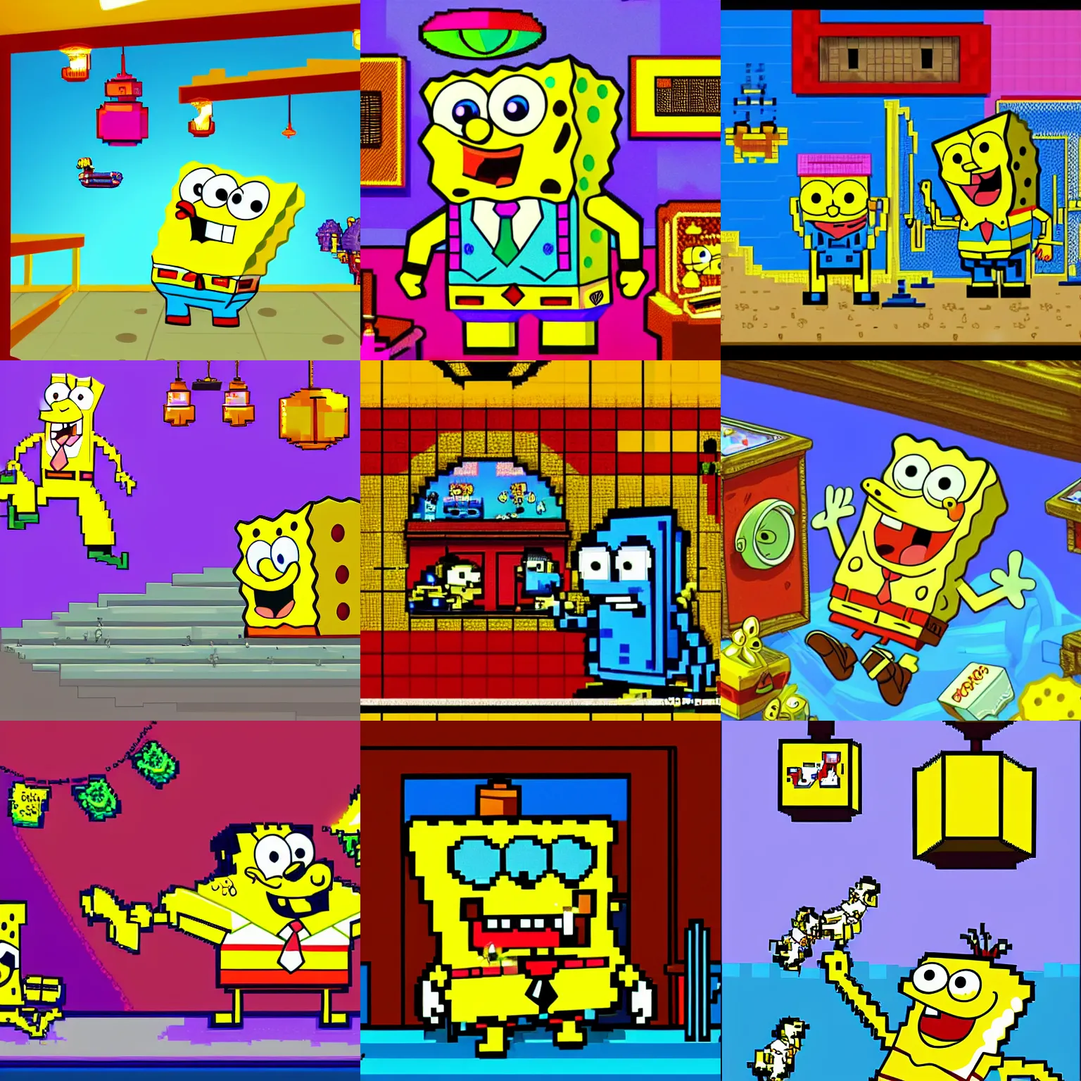 Prompt: spongebob, fantastic lighting, arcade, videogame, pixel art, high detail, 1 6 bits, 2 d