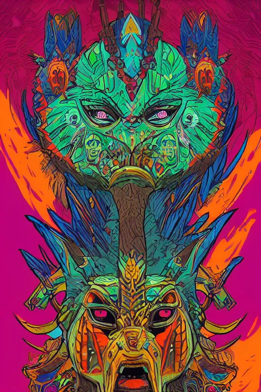 Image similar to totem animal tribal chaman vodoo mask feather gemstone plant wood rock video game illustration vivid color borderlands by josan gonzales and dan mumford radiating a glowing aura