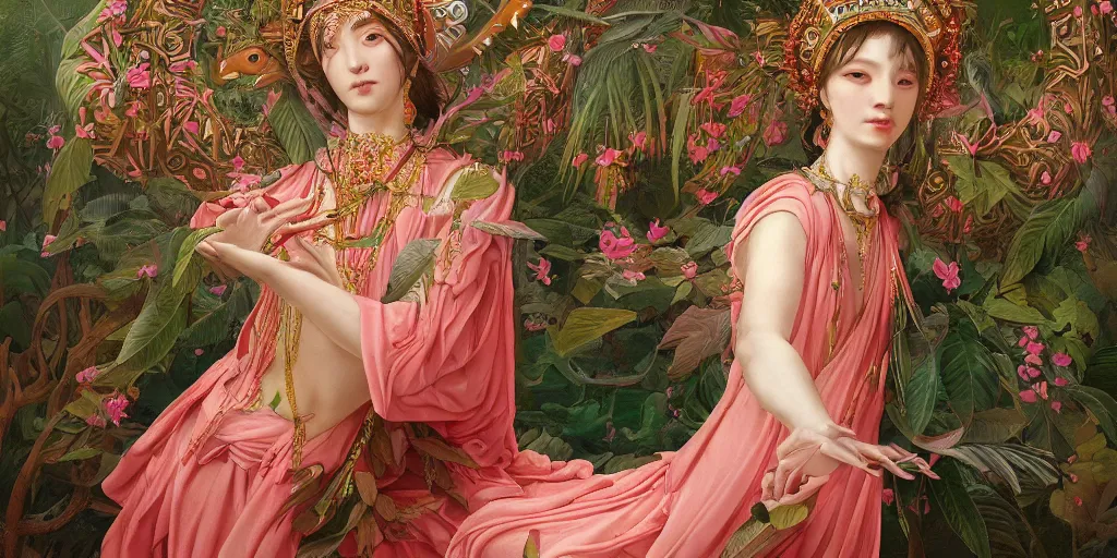 Image similar to breathtaking detailed concept art painting of the goddess of flamingo, orthodox saint, with anxious, piercing eyes, ornate background, amalgamation of leaves and flowers, by Hsiao-Ron Cheng and John James Audubon, extremely moody lighting, 8K