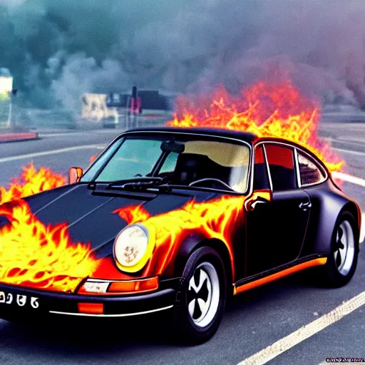 Prompt: porsche 911 time traveling in back 2 the future. burning trail of flames on the street. 88miles per hour