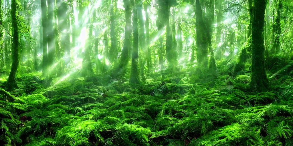 Prompt: deep lush forest floor with dark green and blue ferns and moss, droplets of crystal clear water on the leaves, rays of sunlight coming through the clouds after rain, magical fairytale, sparkling particles, magical dust, glitter shimmering in the light