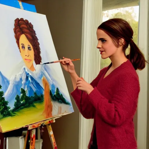 Image similar to emma watson painting bob ross