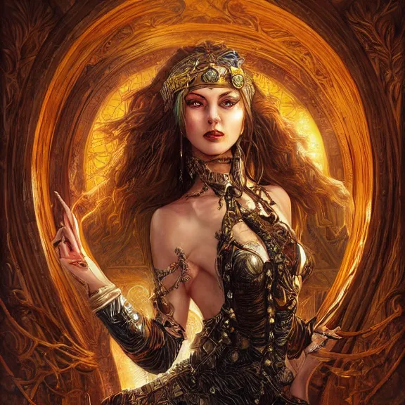 Prompt: a highly detailed painting of a sorceress with piercing beautiful eyes, mystical temple setting, dynamic lighting, ambient lighting, deviantart, art by artgerm and karol bak and mark brooks