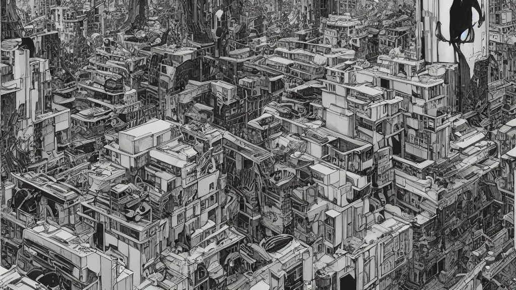 Image similar to very detailed, epic art nouveau graphic novel, ilya kuvshinov, mcbess, rutkowski, simon roy, illustration of space dystopian metropolis sky high decrepit habitat 6 7 arcologies, wide shot, cyberpunk colorful, deep shadows, astrophotography, hyperdetailed, cybernetics, cryengine, realistic shaded lighting, sharp focus