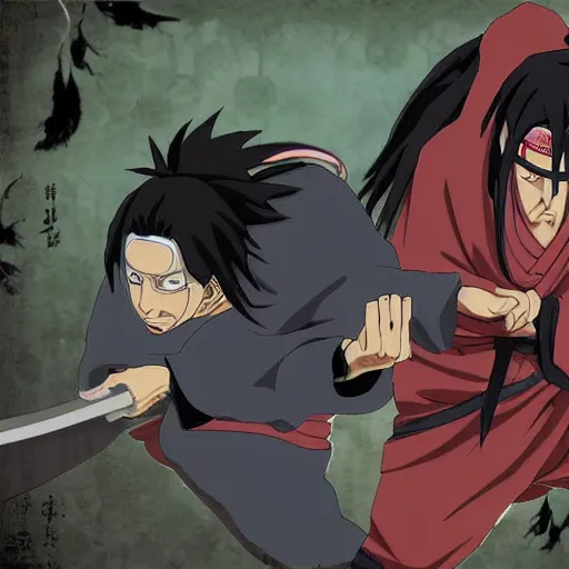 Image similar to history picture of madara uchiha versus hashirama senju ukiyo style with details