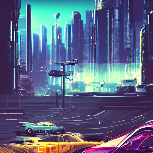 Image similar to cyberpunk landscape, cars, city, synth style