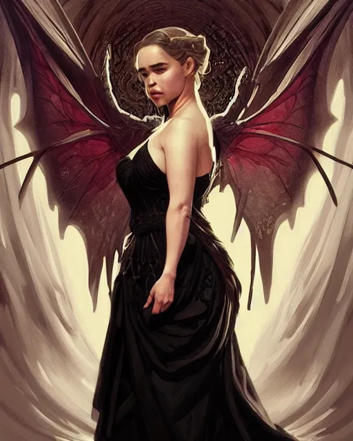 Prompt: Emilia Clarke as a succubus in an elegant black dress, D&D, fantasy, intricate, elegant, highly detailed, digital painting, artstation, concept art, matte, sharp focus, illustration, hearthstone, art by Artgerm and Greg Rutkowski and Alphonse Mucha