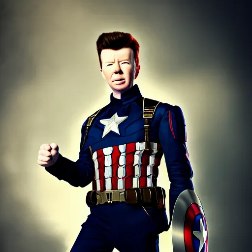 Image similar to a portrait of a Rick Astley as a captain America ,HDR, natural light, shoulder level shot, dynamic pose, award winning photograph, Mucha style, 8k,