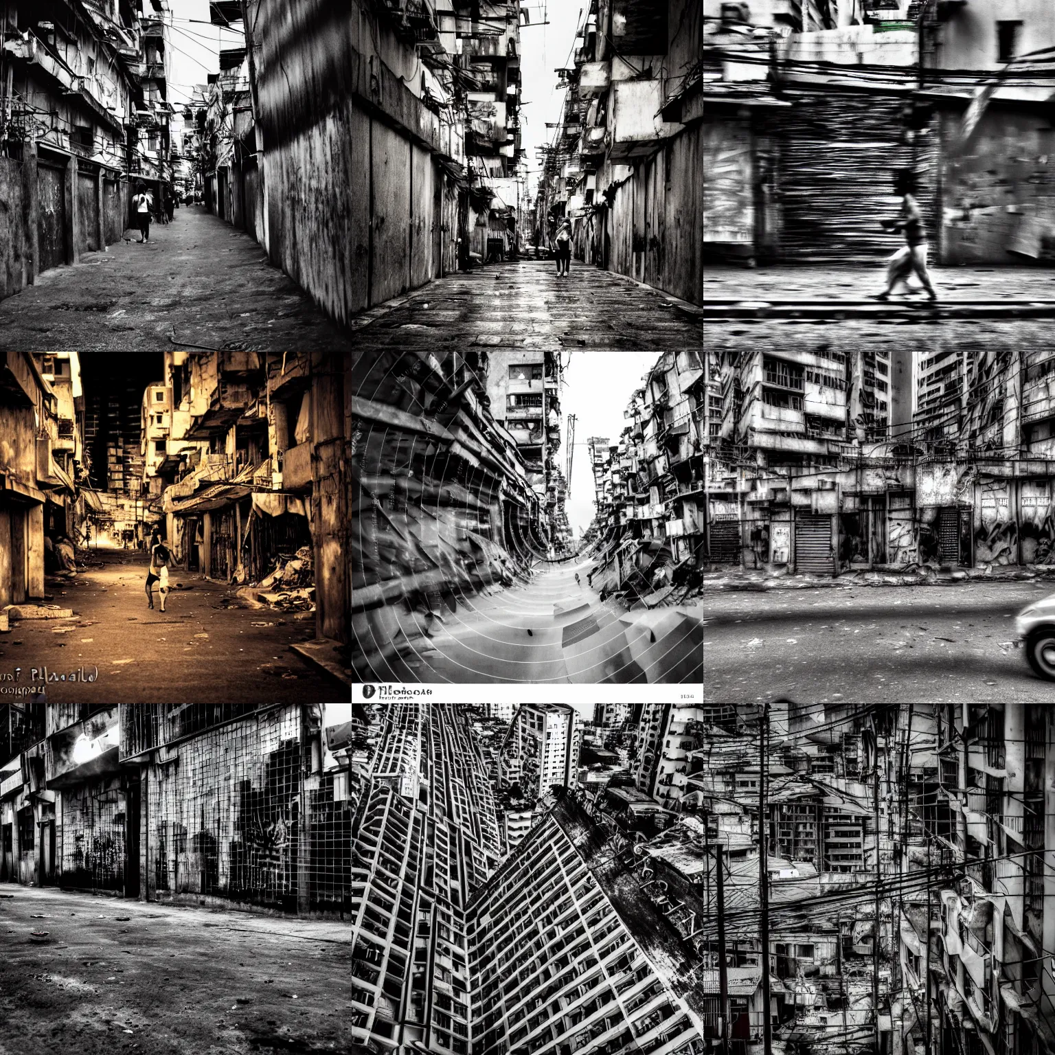 Prompt: travel photography, slums of manila, futuristic, neon signs, tall buildings of favelas, award winning photograph, motion blur, depth of field, bokeh,