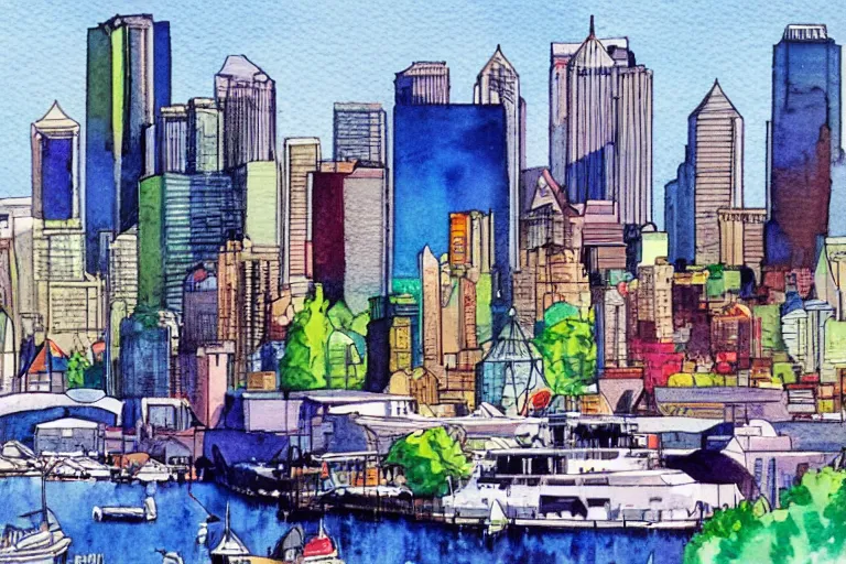 Image similar to !! watercolor!! seattle in a sunny day, artwork by tooth wu, colorful contrast,!!!! very coherent!!!!, dark shadow, thick lineart