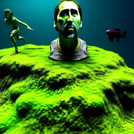 Image similar to Nicolas Cage underwater mossy statue, green moss all over, bottom of the ocean, deep ocean, bottom of ocean, dark, 35mm, fish, 4k, detailed, photorealistic, photo, unreal engine 5, Atlantis