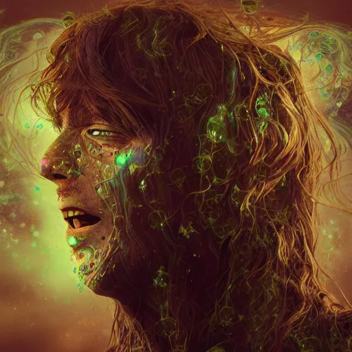 Prompt: long hair eldritch being, tears, laughter, cosmic imagery, intense emotion, emotional concept art, photography hyperrealism, 3d rendering, detailed eyes, glitch art, fractal