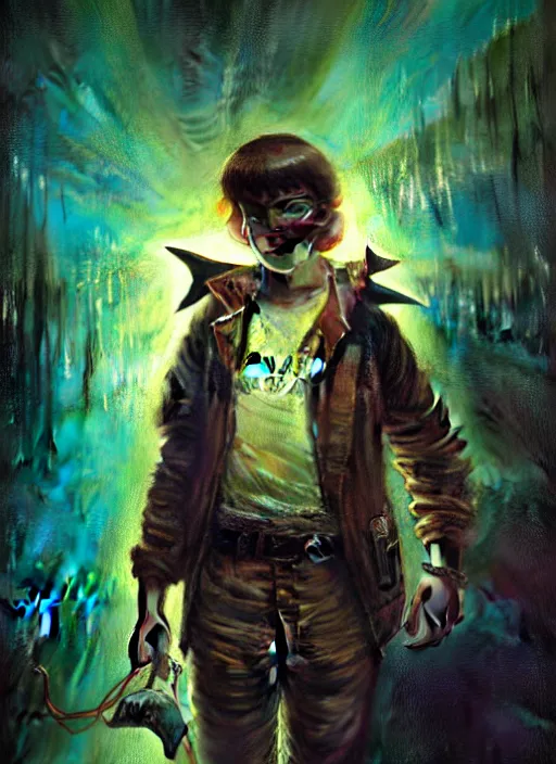 Image similar to illustration by gaston bussiere, gerome, craig mullins, greg rutkowski, john singer sargent. portrait of eddie munson joseph quinn, stranger things. 8 ß's neon retro. lights, glow, magical. dark background.