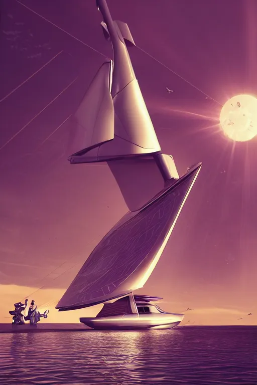 Image similar to futuristic sailboat mid-journey with solar sails and a robot! captain! and crew in a Marvel!!!!!!!! comic! style , digital art, 8k, birds eye view, 80s, concept, Smooth gradients, octane render, 8k, High contrast, duo tone, depth of field