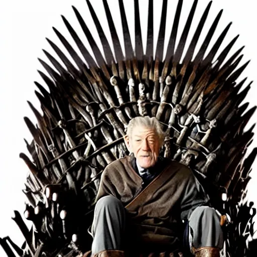 Prompt: a tv still of ian mckellen, as a king wearing an over - sized crown, sitting on the iron throne