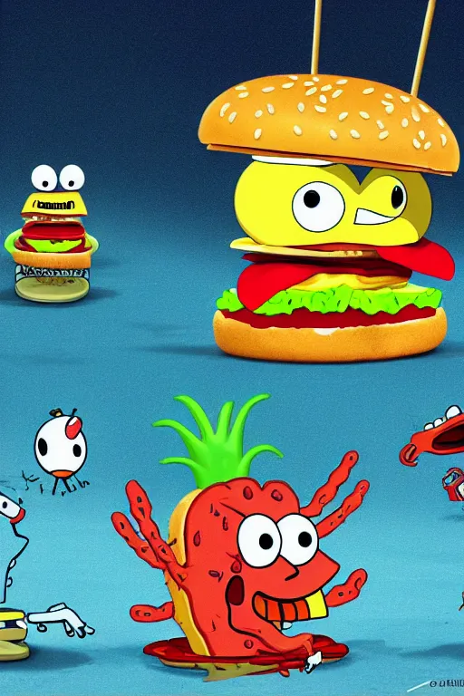 Prompt: sifi spongebob fight mr crabs for a burger