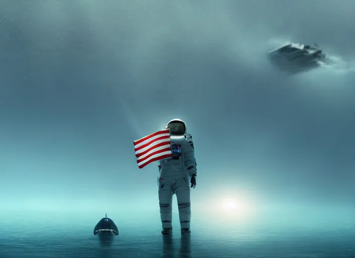 Image similar to astronaut holding a flag in an underwater desert. a submarine is visible in the distance. dark, concept art, cinematic, dramatic, atmospheric, 8 k, trending on artstation, blue, fish, low visibility, fog, ocean floor, christopher nolan, interstellar