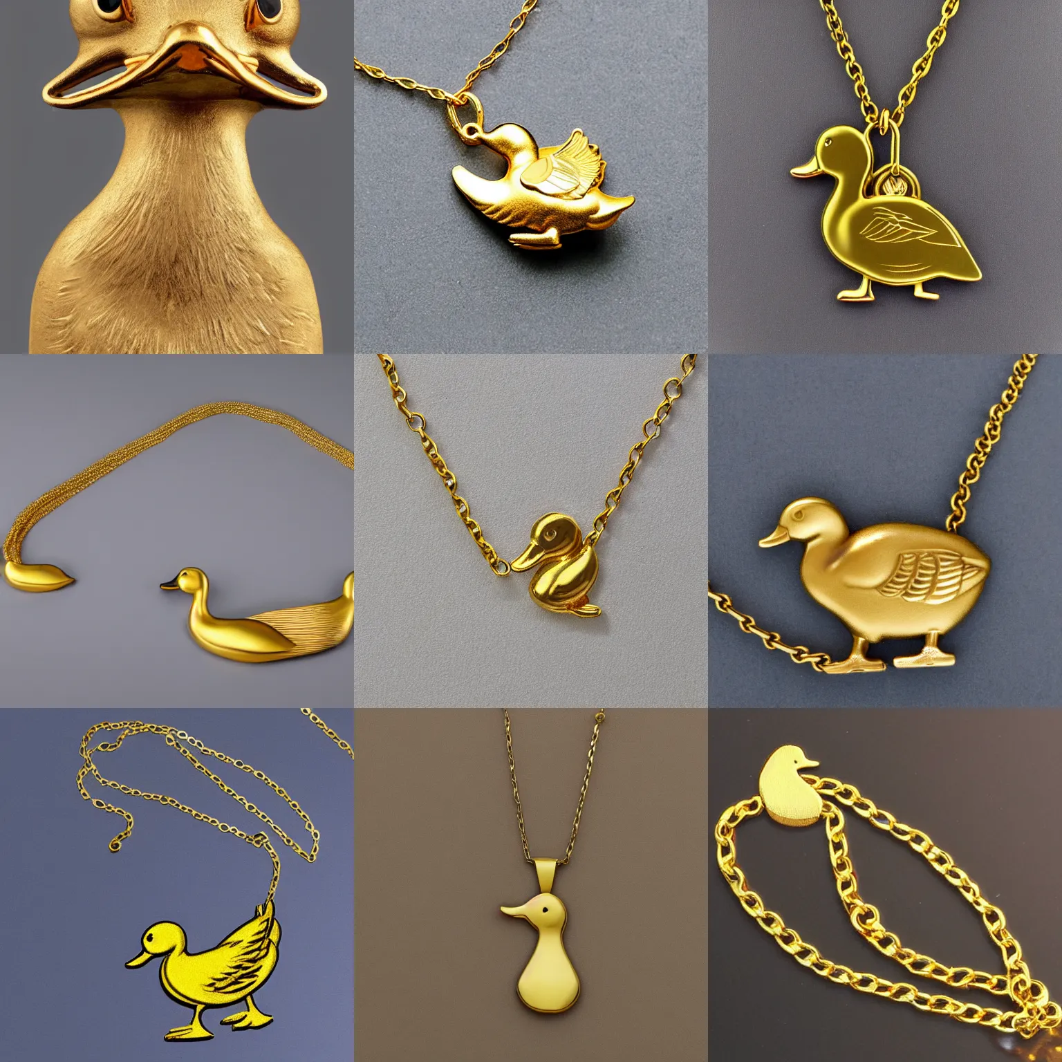 Prompt: a golden necklace around duck's neck