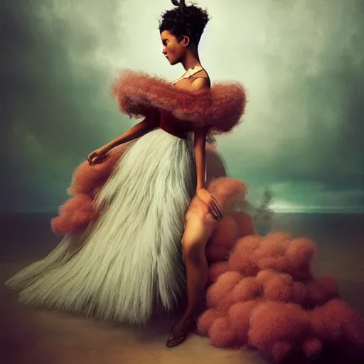 Prompt: brown woman wearing a candyfloss armor. super detailed. layered. textured. award winning. refracted lighting. soft. fragile. by ray caesar. by louise dahl - wolfe. by andrea kowch. surreal photoraphy