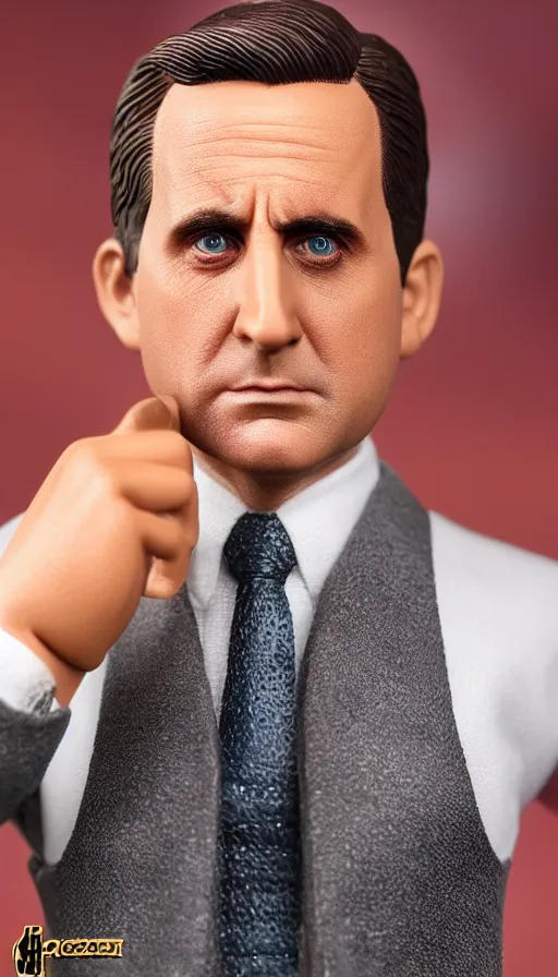 Prompt: hot toys figurine of michael scott, realistic, up close image, 1 / 1 6 th scale, unopened, listing image, hd