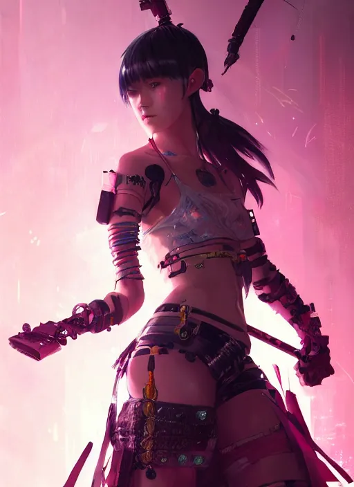 Image similar to cyberpunk samurai girl, battle pose, neon swords, beautiful, detailed portrait, intricate complexity, concept art by krenz cushart, kyoto animation, wlop, 8 k, beautiful, cinematic dramatic atmosphere, sharp focus, award winning