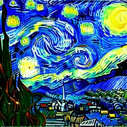 Prompt: starry night on mars, green towers, painting by van gogh