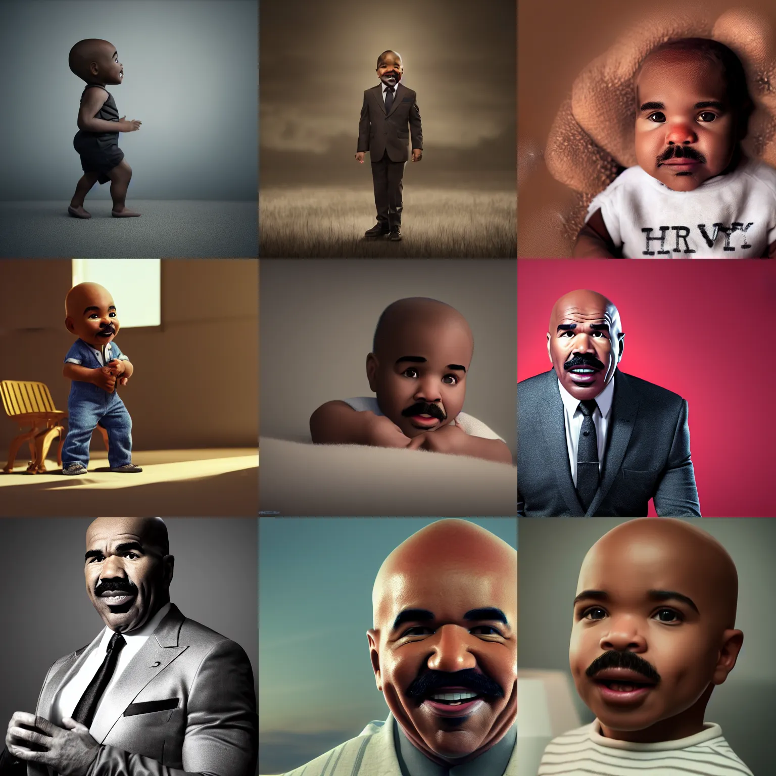 Prompt: a dramatic photograph of steve harvey as a baby!!, cinematic, concept art, hyperrealistic, 4 k, octane render