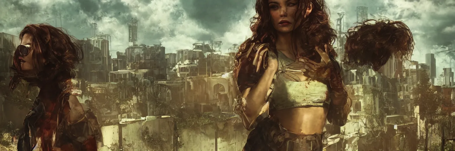 Image similar to fallout 5 : miami, charismatic beautiful rugged brunette female protagonist and companion, portrait, outdoors ruined tropical cityscape, atmospheric lighting, painted, intricate, volumetric lighting, beautiful, summer, sunny weather, few clouds, sharp focus, deep colours, ultra detailed, by leesha hannigan, ross tran, thierry doizon, kai carpenter, ignacio fernandez rios