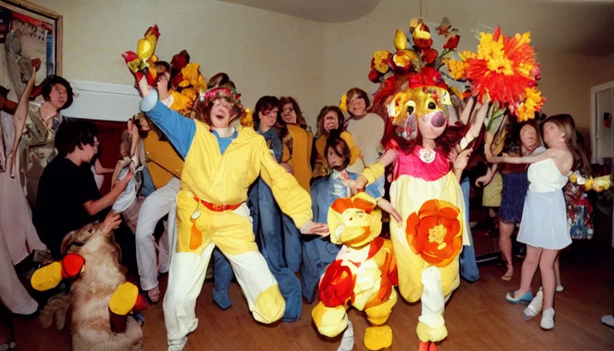 Image similar to 1990s candid 35mm photo of a beautiful day in the living room, cinematic lighting, cinematic look, golden hour, large costumed mascot Flower people dancing for families, Enormous personified flower people with outstandingly happy faces coming out of a portal and showing families how to dance, dogs dancing too, UHD