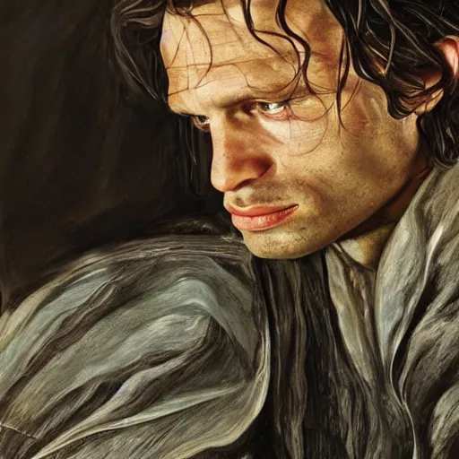 Image similar to high quality high detail painting by lucian freud, hd, aragorn from lord of the rings