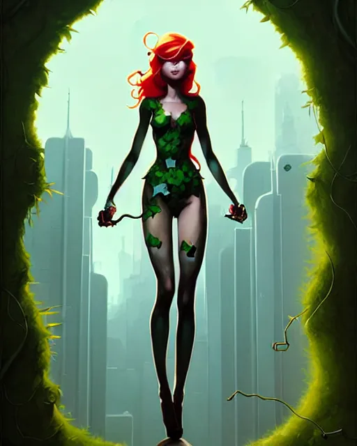 Prompt: peter mohrbacher, phil noto comicbook cover art, artgerm, emma stone poison ivy, vines, symmetrical eyes, full body, city rooftop