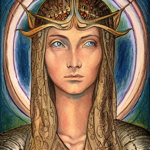 Image similar to beautiful face jeanne d'arc in the style of william blake, terese nielsen, isolde