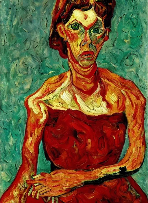 Image similar to an oil painting of a woman looking distressed, intense eyes, in a red dress posing with meat in expressive style of Van Gogh, Chaim Soutine and Frank Auerbach, complimentary palette of maroon alizarin and dark gray greens