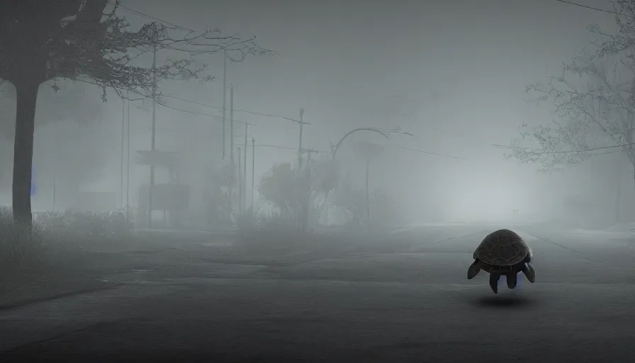 Prompt: giant turtle walking in silent hill streets, fog, empty streets, hyperdetailed, artstation, cgsociety, 8 k