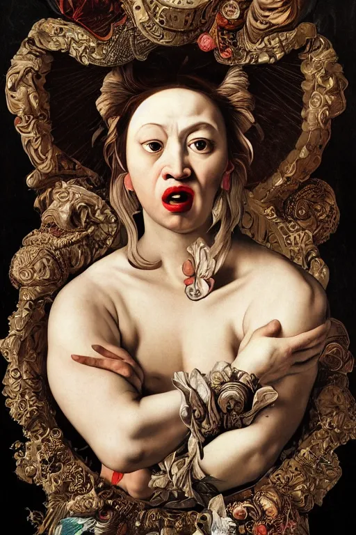 Image similar to Detailed maximalist portrait with large lips and with large eyes, angry, exasperated expression, HD mixed media, 3D collage, highly detailed and intricate illustration in the style of Caravaggio, dark art, baroque