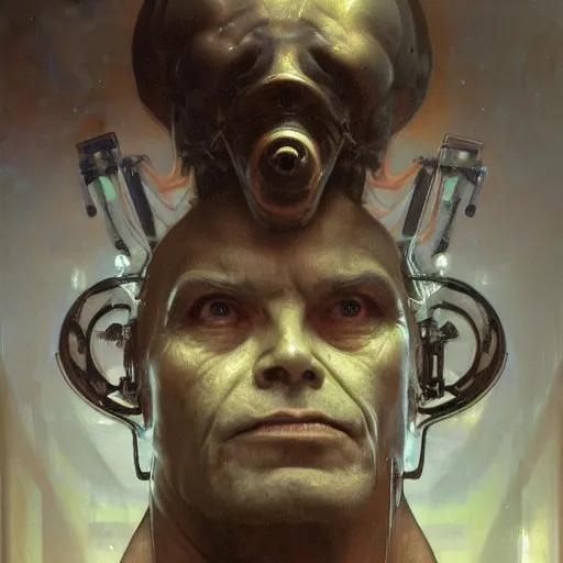 Image similar to hyperrealist portrait of an ancient old alien with large cruel intelligent eyes and a huge head standing in front of a computer interface by jeremy mann and alphonse mucha and goya, fantasy art, photo realistic, dynamic lighting, artstation, poster, volumetric lighting, very detailed faces, award winning, full face, symmetry