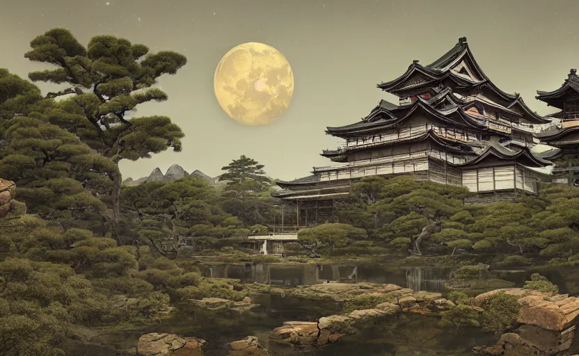 Image similar to highly detailed painting of old, ruined, japanese palace from sengoku period, surrounded by dense rock formations, high in mountains, night with bright moon light, environment concept art, photobash, unreal engine render, nanite